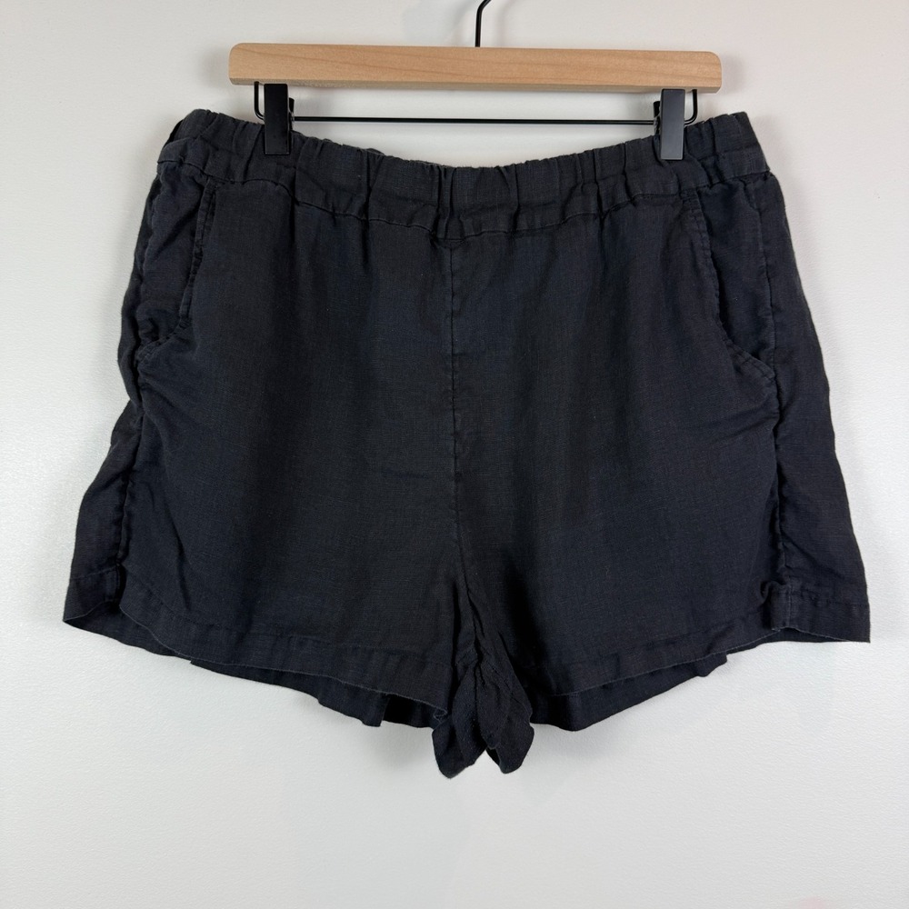 J.Crew 100% Linen Tropez Shorts Women L Black Elastic Waist Flat Front Coastal